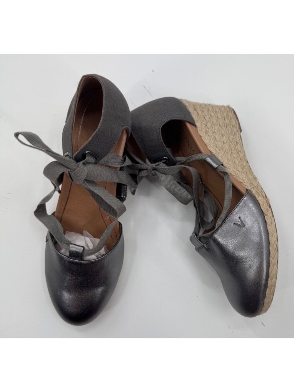 Vionic Kaitlyn Metallic Pewter Espadrille Wedge Shoes With Ribbon Tie Size 9.5